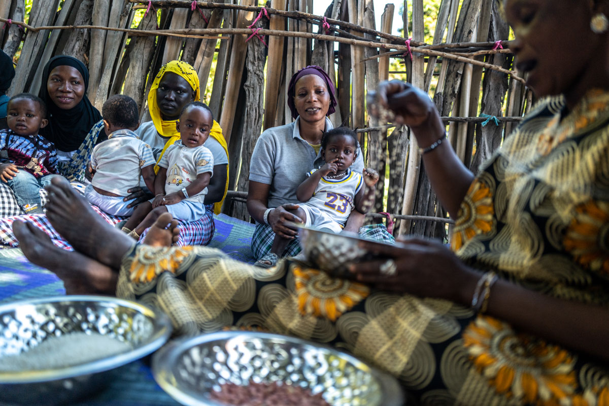 A Senegalese woman holds an educational chart in front of a group of women and children.