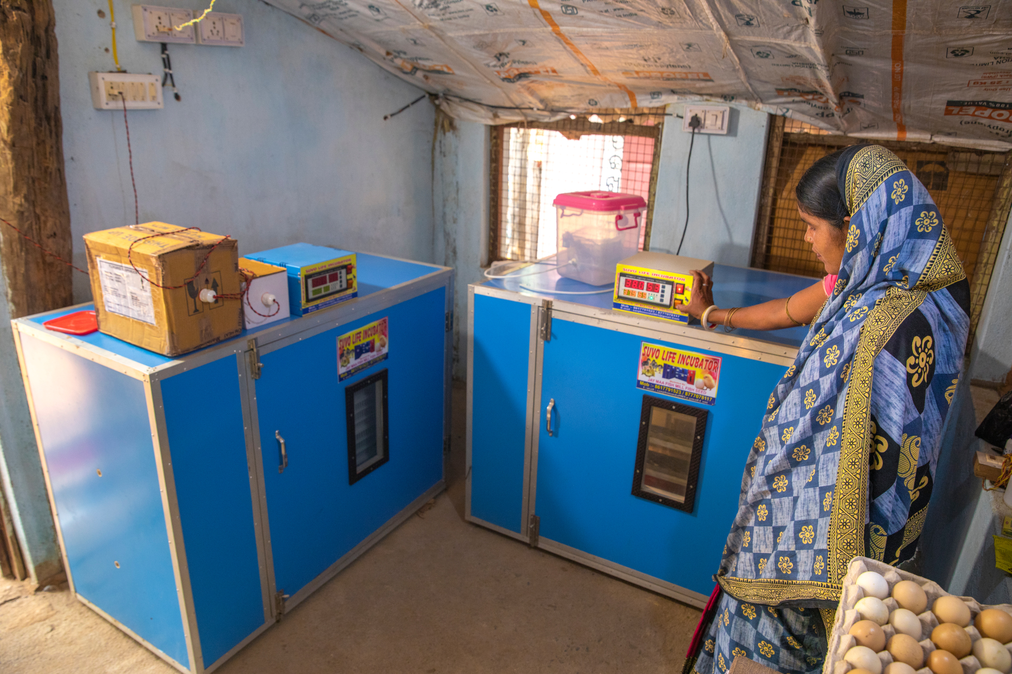 A woman operating a small-scale egg-hatching machine powered by solar energy.