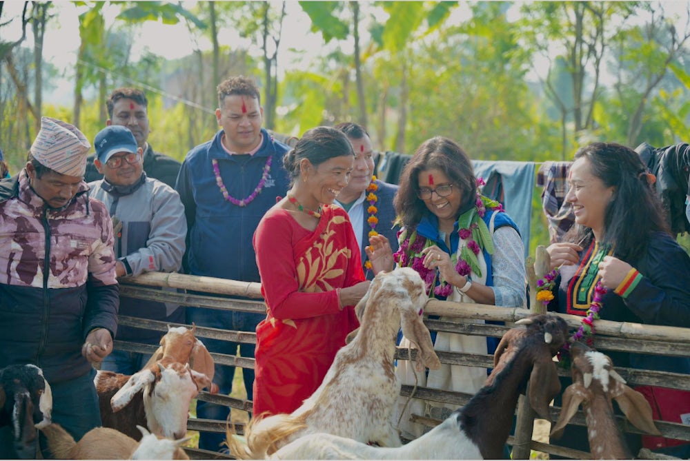 Secretary of Bajureli self-help group shows goats.