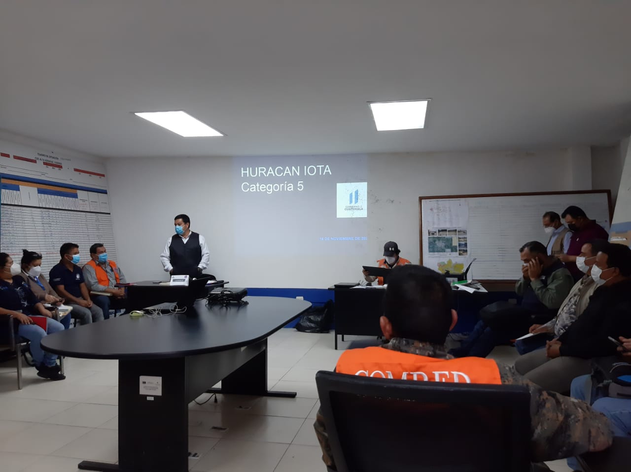 A meeting of COMRED during Hurricane Iota.